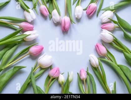 tulipes rose pastel et blanc en forme de coeur avec espace de copie sur fond bleu clair idéal pour la papeterie, les cartes, les mariages et les événements Banque D'Images