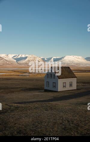 Vue panoramique sur les bâtiments traditionnels Musée Glaumbaer à Skagafjordur, dans le nord de l'Islande, en Europe, en hiver Banque D'Images