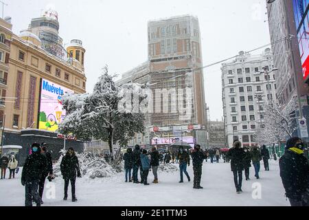 Madrid, Espagne, 01.09.2021, la place Callao il neige, la tempête Filomena Banque D'Images