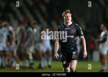 Newport, Royaume-Uni. 09e janvier 2021. Nick Tompkins des Dragons regarde. Guinness Pro14 Rugby, Dragons v Osprey Rugby à Rodney Parade Newport le samedi 9 janvier 2021. photo par Andrew Orchard/Andrew Orchard sports photographie/Alamy Live News crédit: Andrew Orchard sports photographie/Alamy Live News Banque D'Images