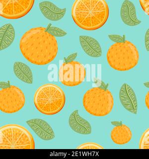 Fond de motif sans couture orange fruit and Leafs de style dessiné à la main. Banque D'Images