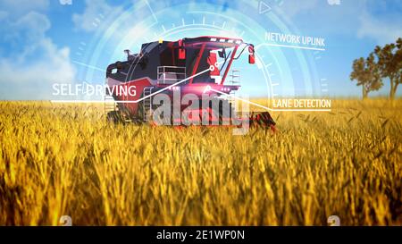 Illustration 3D industrielle avec superpositions numériques du fonctionnement de la récolteuse de pilote automatique sur le champ de grain Banque D'Images