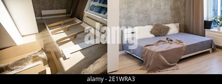 Comparaison d'une chambre dans un appartement avant et après rénovation nouvelle maison Banque D'Images