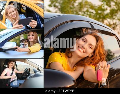 Collage de photos avec différentes jeunes femmes heureux assis voiture Banque D'Images