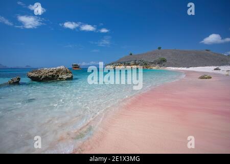 Des vagues se brisent sur la plage rose à Komodo Parc national en Indonésie Banque D'Images