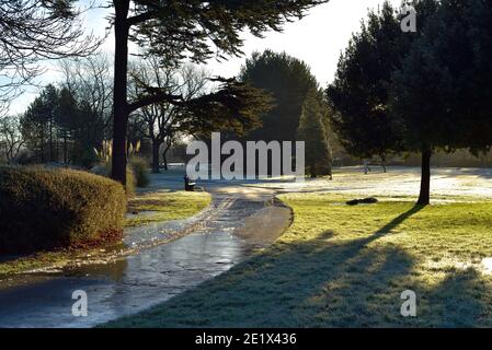 Chemin de glace à travers les arbres dans Albert Park, centre de Middlesbrough sur un froid, brillant givré matin d'hiver. Banque D'Images