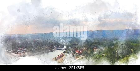 Forme abstraite colorée sur le sommet de la montagne et paysage d'arbre sur aquarelle illustration peinture arrière-plan. Banque D'Images