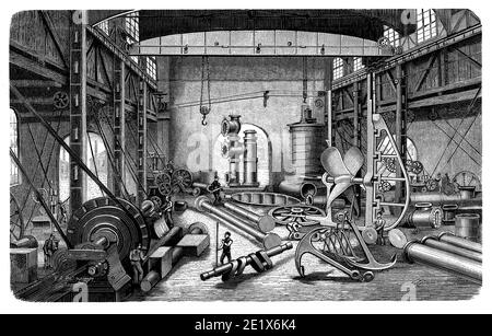 Entrepôt de construction de machines navales : salle d'assemblage et de production, XIXe siècle Banque D'Images