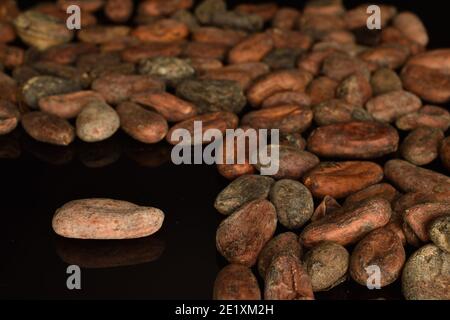 De nombreux grains de cacao aromatiques bruns biologiques se trouvent sur toute la surface, à l'exception de la partie inférieure gauche de la photo, dans la partie inférieure gauche Banque D'Images