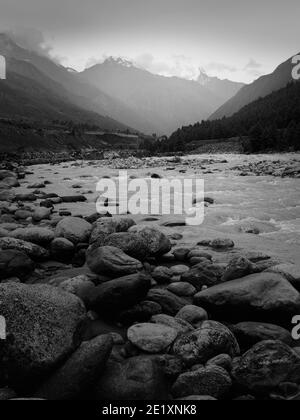 Rivière Baspa flanqué par le haut Himalaya, forêts de pins, et les rochers sous ciel couvert en été près de Chitkul, Himachal Pradesh, Inde. Banque D'Images