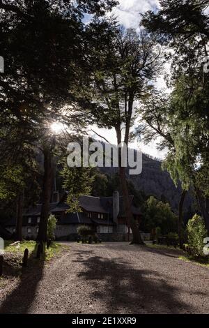 Chemin dans les bois contre la lumière du soleil dans le parc national de Los Alerces, Patagonie, Argentine Banque D'Images