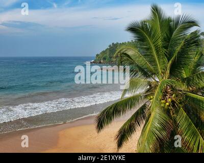 MIRISSA, SRI LANKA - 16 mars 2019 : plage de sable à Mirissa et ciel bleu sur fond. Vue depuis le Paradise Beach Club Hotel. Tir horizontal. Banque D'Images