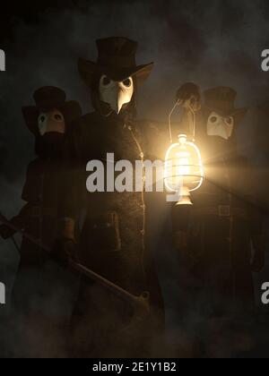 Émergeant de l'obscurité et du brouillard, trois personnages en manteaux noirs, chapeaux sombres et masques à bec blanc s'approchent. Banque D'Images