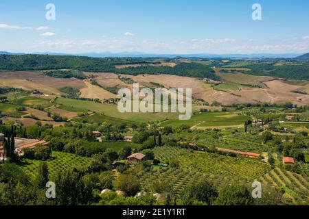 Le paysage de la fin de l'été autour de Montepulciano dans le Val d'Orcia, province de Sienne, Toscane, Italie Banque D'Images