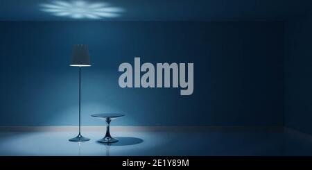 chambre bleue minimaliste moderne avec lampe et table 3d rendu de l'illustration Banque D'Images