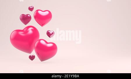 Happy Valentines jour amour carte de voeux modèle avec coeurs en 3D rendu et copyspace sur la droite. Illustration 3D minimale Valentine concept bac Banque D'Images