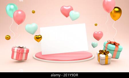 Carte de vœux Saint-Valentin avec coeurs flottants, cadeaux et ballons en rendu 3D. Couleurs anniversaire rose, vert, blanc et or, bir Banque D'Images