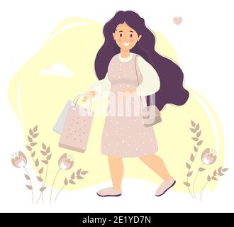 Shopping. Une fille heureuse avec de longs cheveux dans une robe rose sourit dans sa main tient des sacs en papier. Arrière-plan décoratif avec fleurs et feuilles, nuages et Hea Banque D'Images