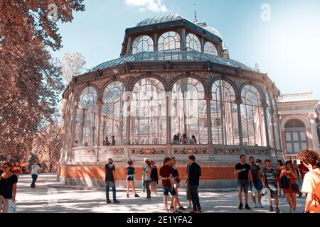 Le Palais Cristal est une structure en verre et en métal, située dans le parc du Retiro à Madrid. Il a été construit en 1887 pour accueillir une exposition de Flora A. Banque D'Images