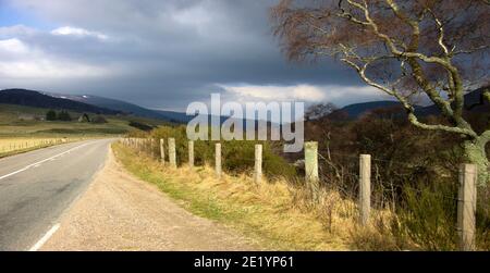 Paysage rural écossais et Old Military Road dans Royal Deeside entre Ballater et Braemar. Parc national de Cairngorms. Aberdeenshire, Écosse, Royaume-Uni Banque D'Images