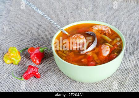 Soupe aux crevettes et légumes, dans un bol et une louche. Mise au point sélective Banque D'Images