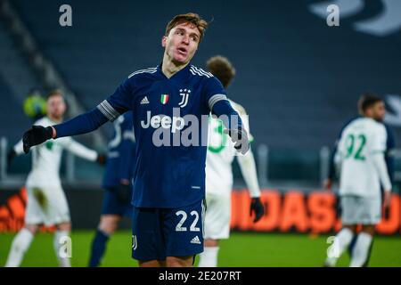 Turin, Italie. 10 janvier 2021. Federico Chiesa de Juventus FC déception lors de la série UN match entre Juventus et US Sassuolo au stade Allianz le 10 janvier 2021 à Turin, Italie. Les stades sportifs autour de l'Italie restent soumis à des restrictions strictes en raison de la pandémie du coronavirus, car les lois de distanciation sociale du gouvernement interdisent aux fans à l'intérieur des lieux, ce qui entraîne le jeu derrière des portes fermées. Crédit : Pacific Press Media production Corp./Alay Live News Banque D'Images