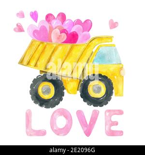 Saint-Valentin mignon dessin animé illustration de la construction de camion de pelle hydraulique jaune isolé sur fond blanc. Aquarelle peinte à la main pour enfants Banque D'Images