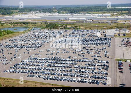 Alabama Vance Mercedes Benz usine allemande de fabrication de SUV, vue aérienne de l'aire de stationnement des véhicules neufs, Banque D'Images