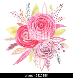 Aquarelle florale arrangement clipart. Bouquet de mariage de roses rouges peintes à la main. Banque D'Images