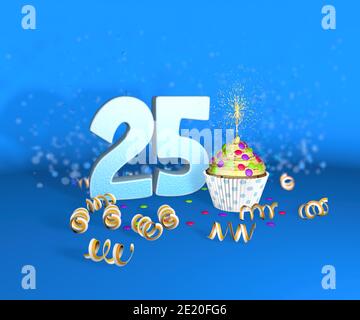 Cupcake avec bougie étincelante pour anniversaire ou anniversaire 25 avec le grand nombre en blanc avec des banderoles jaunes sur le fond bleu. rapport d'illustration 3d Banque D'Images