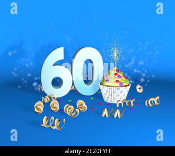 Cupcake avec bougie étincelante pour anniversaire ou anniversaire 60 avec le grand nombre en blanc avec des banderoles jaunes sur le fond bleu. rapport d'illustration 3d Banque D'Images