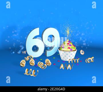 Cupcake avec bougie étincelante pour anniversaire ou anniversaire 69 avec le grand nombre en blanc avec des banderoles jaunes sur le fond bleu. rapport d'illustration 3d Banque D'Images