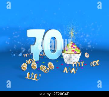 Cupcake avec bougie étincelante pour anniversaire ou anniversaire 70 avec le grand nombre en blanc avec des banderoles jaunes sur le fond bleu. rapport d'illustration 3d Banque D'Images