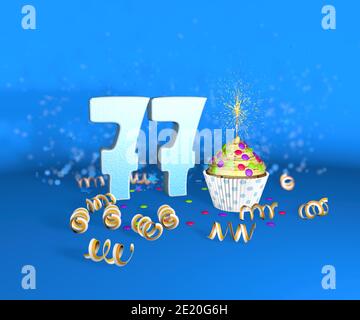 Cupcake avec bougie étincelante pour anniversaire ou anniversaire 77 avec le grand nombre en blanc avec des banderoles jaunes sur le fond bleu. rapport d'illustration 3d Banque D'Images