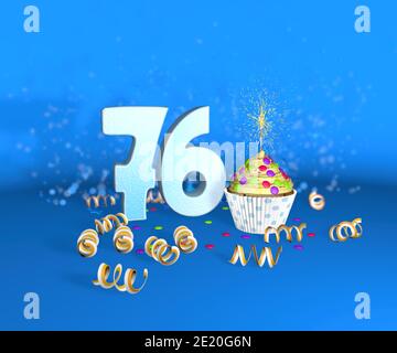 Cupcake avec bougie étincelante pour anniversaire ou anniversaire 76 avec le grand nombre en blanc avec des banderoles jaunes sur le fond bleu. rapport d'illustration 3d Banque D'Images