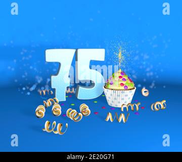 Cupcake avec bougie étincelante pour anniversaire ou anniversaire 75 avec le grand nombre en blanc avec des banderoles jaunes sur le fond bleu. rapport d'illustration 3d Banque D'Images