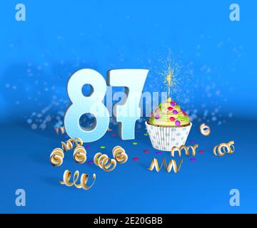 Cupcake avec bougie étincelante pour anniversaire ou anniversaire 87 avec le grand nombre en blanc avec des banderoles jaunes sur le fond bleu. rapport d'illustration 3d Banque D'Images