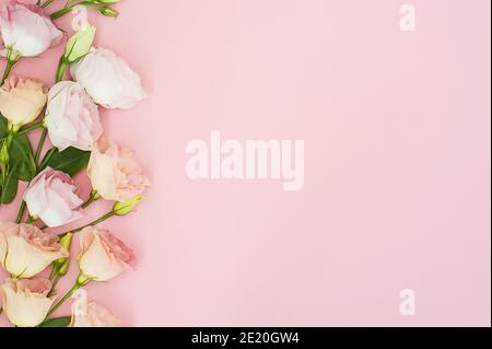 Composition des fleurs. Cadre en fleurs roses. Pose à plat, vue de dessus, espace de copie anniversaire, mères, Valentines, femmes, concept de mariage. Banque D'Images