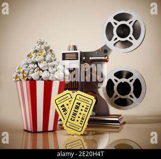 Projecteur de cinéma d'époque, pop-corn, billets de cinéma. Illustration 3D. Banque D'Images