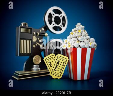 Projecteur de cinéma d'époque, pop-corn, billets de cinéma. Illustration 3D. Banque D'Images