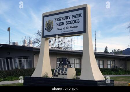 Le panneau de marque à la Newbury Park High School, le mercredi 6 janvier 2020, à Newbury Park, en Californie. Banque D'Images