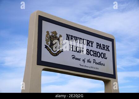 Le panneau de marque à la Newbury Park High School, le mercredi 6 janvier 2020, à Newbury Park, en Californie. Banque D'Images