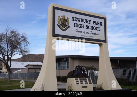 Le panneau de marque à la Newbury Park High School, le mercredi 6 janvier 2020, à Newbury Park, en Californie. Banque D'Images