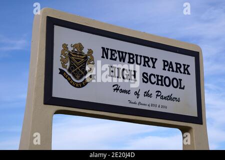 Le panneau de marque à la Newbury Park High School, le mercredi 6 janvier 2020, à Newbury Park, en Californie. Banque D'Images