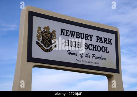 Le panneau de marque à la Newbury Park High School, le mercredi 6 janvier 2020, à Newbury Park, en Californie. Banque D'Images