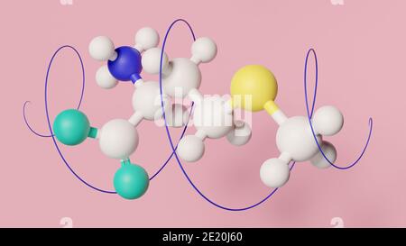 Molécule d'acide aminé méthionine (L-méthionine, met, M). Rendu 3D. Modèle à bille et à bâton avec atomes représentés par des sphères à code couleur : vert oxygène, Banque D'Images