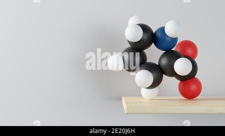 Molécule d'acide aminé Proline (l-proline, Pro). Rendu 3D. Les atomes sont représentés sous forme de sphères avec un codage couleur conventionnel : blanc hydrogène, noir de carbone, n Banque D'Images