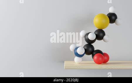 Molécule d'acide aminé méthionine (L-méthionine, met, M). Rendu 3D. Les atomes sont représentés sous forme de sphères avec un codage couleur conventionnel : blanc hydrogène, carbone Banque D'Images