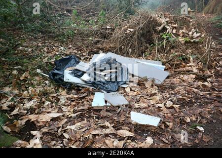 Pile de déchets rejetée dans les sacs en plastique de cadre de bois et débris Banque D'Images