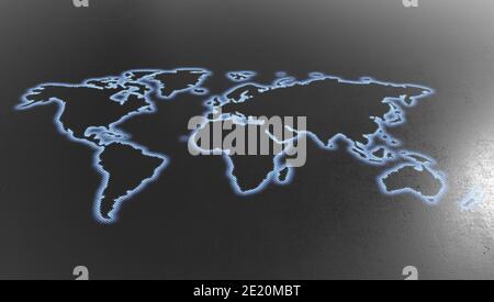 Une carte du monde plate avec des bords de demi-teinte bleu brillant activés Un arrière-plan texturé noir - rendu 3D Banque D'Images